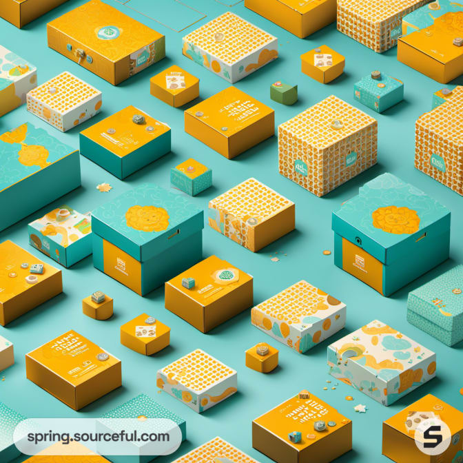 Assorted colorful boxes with patterns on a teal surface.