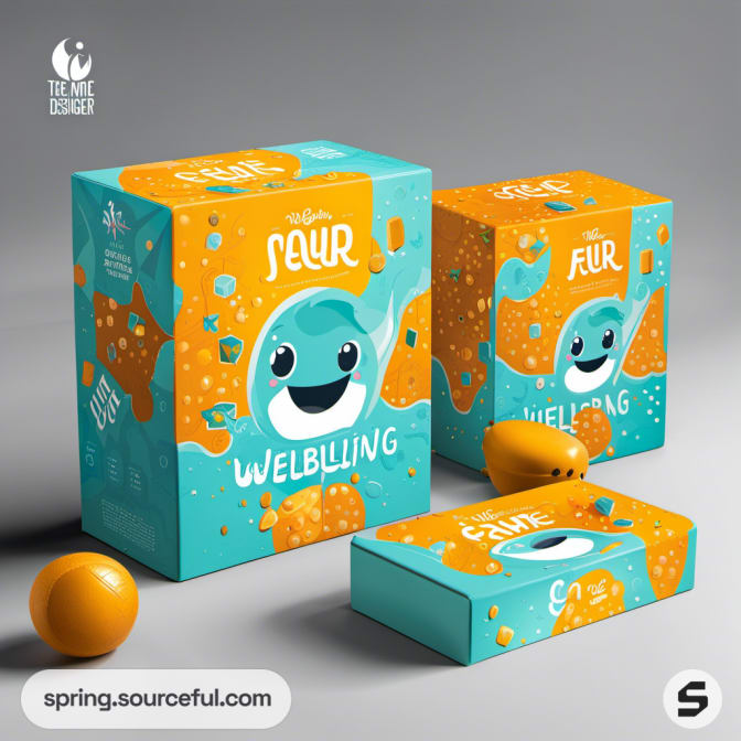 Teal and orange boxes with a cartoon fish design.