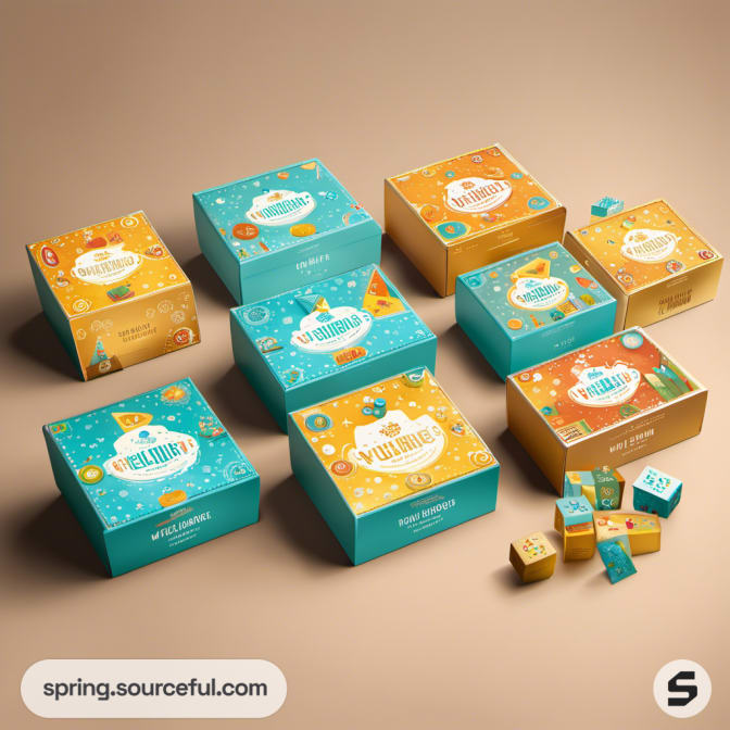 Boxes in orange and teal with fruit and bubble patterns.