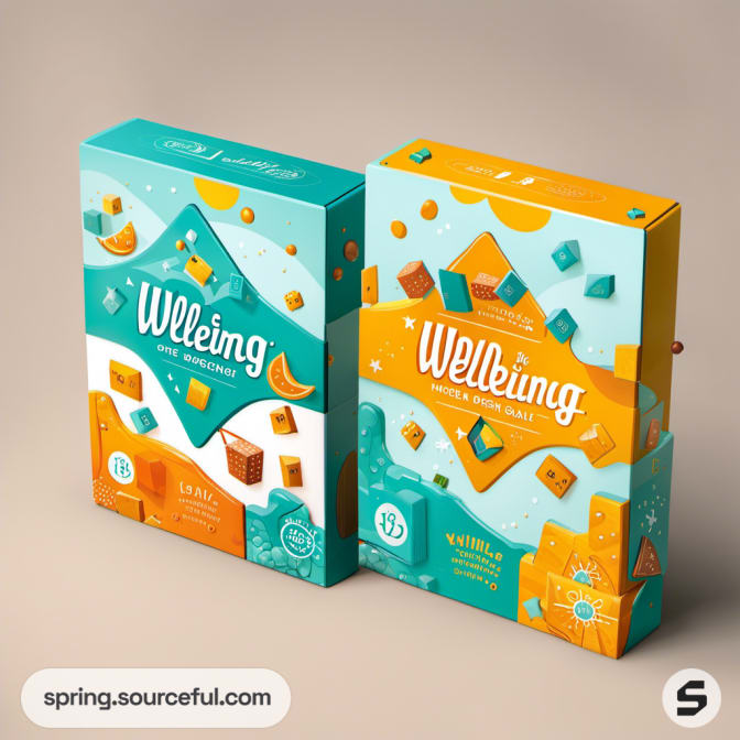 Two boxes with geometric and fruit designs in orange and teal.
