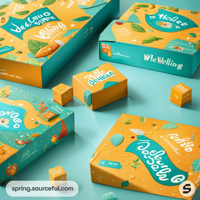 Boxes with leaf patterns and dice in orange and teal.