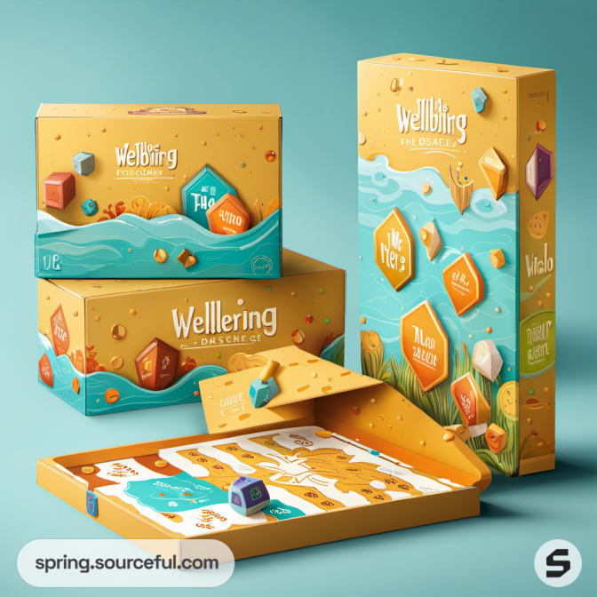 Boxes with geometric shapes and a wave design in orange and teal.
