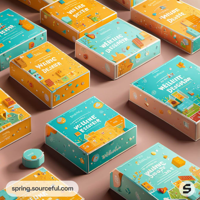 Patterned boxes in orange and teal on a peach background.