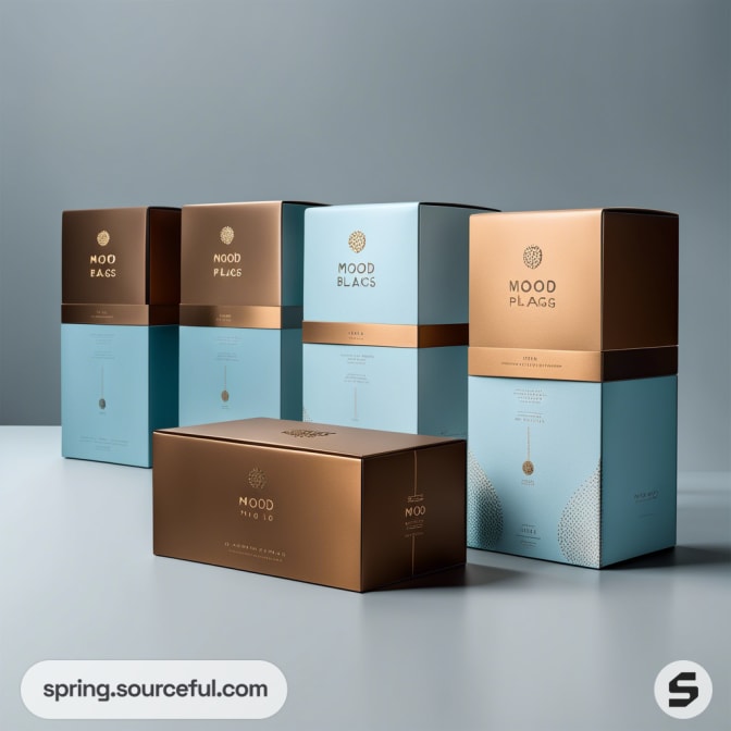 Elegant blue and bronze rectangular product boxes on a gray surface.