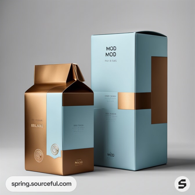 Elegant blue and bronze milk carton and box in a minimalist design on a neutral background.