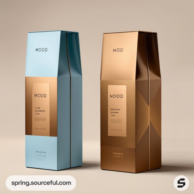 Two standing paper bags; one light blue and one brown, both labeled 'MOOD'. Modern design on a neutral background.