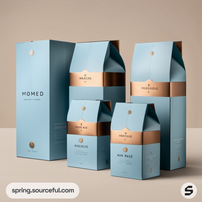 A set of blue and gold folding cartons with sleek, minimalist design on a beige background.