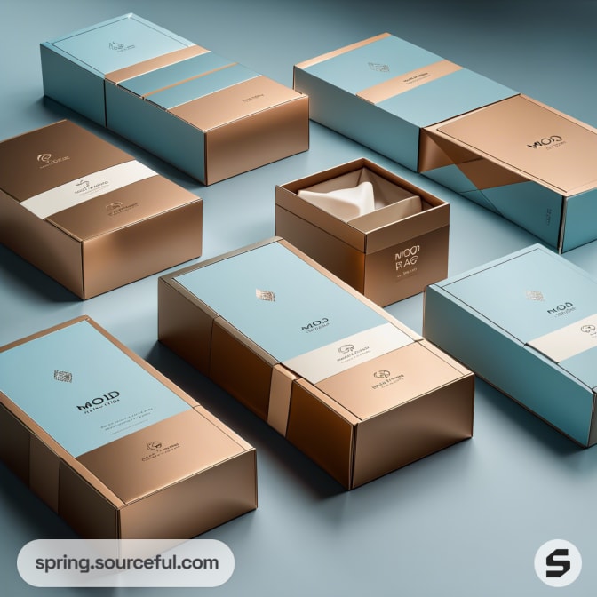 Elegant gold and teal rigid boxes with magnetic closures on a gray surface.