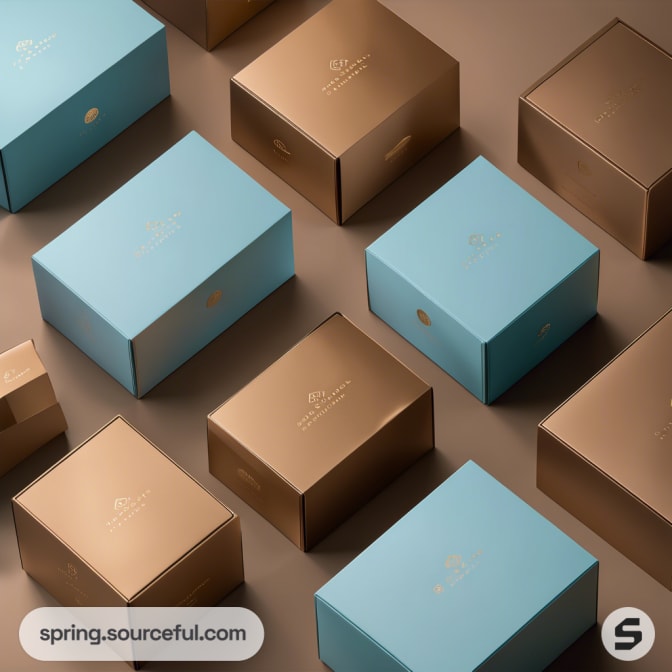 Blue and brown mailer boxes arranged on a brown surface.