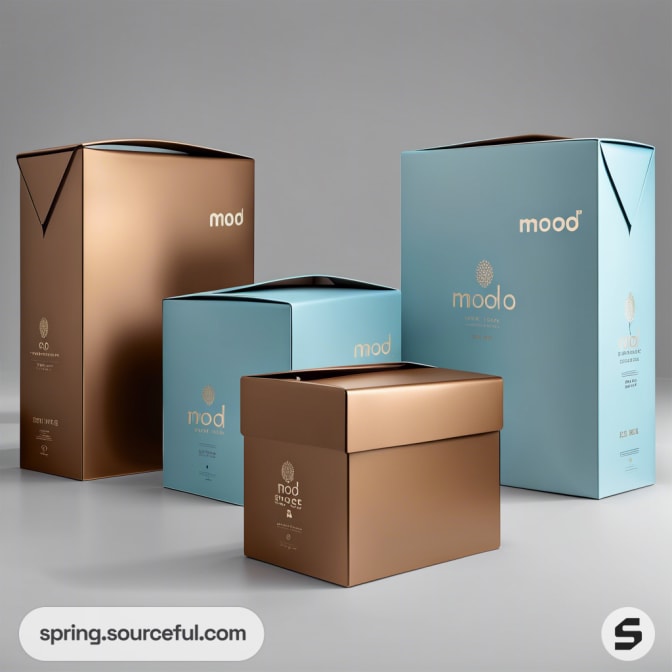 Luxury packaging in blue and copper tones with 'mood' branding. Includes tall and box styles on a grey background.