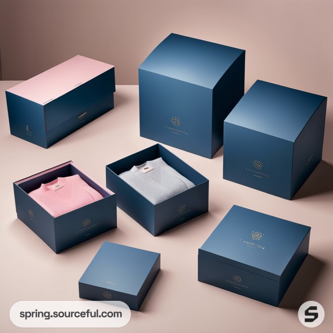 Blue and pink garment boxes on a beige background.