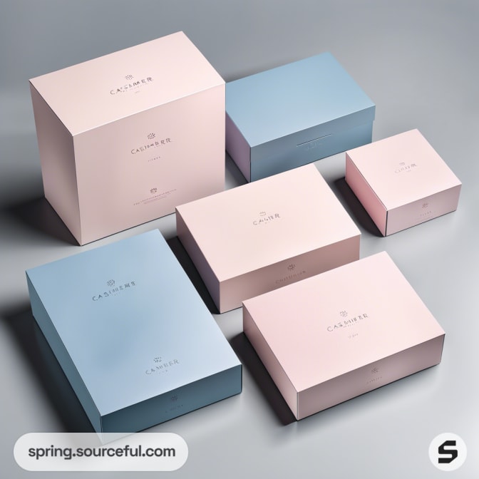 Collection of pastel pink and blue mailer boxes in various sizes, displayed on a light gradient background.