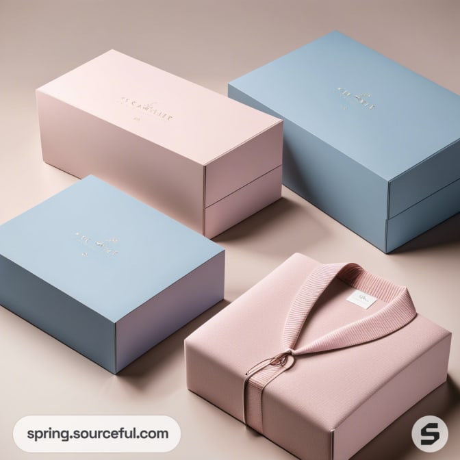 Pink and blue gift boxes with a folded garment on a beige background.