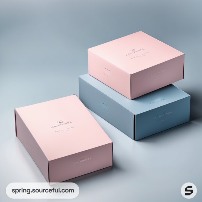 Three pastel-colored rectangular boxes, two pink and one blue, stacked on a light background.