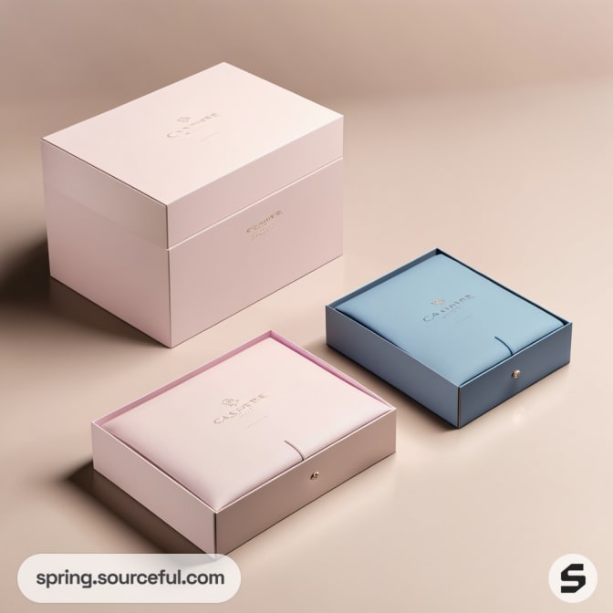 Elegant pastel gift boxes in various sizes on a beige background.
