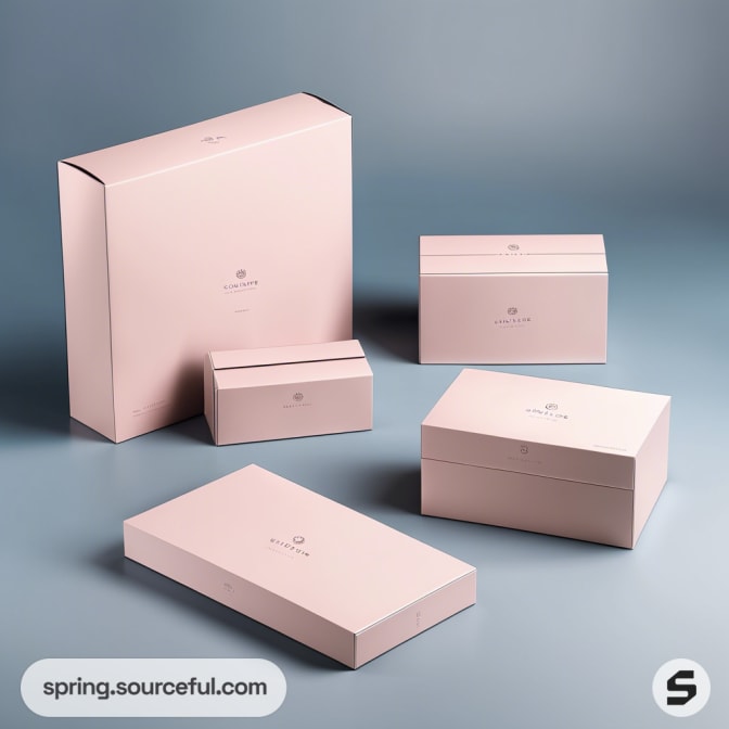 Assorted pink mailer boxes with simple design on a gray surface.