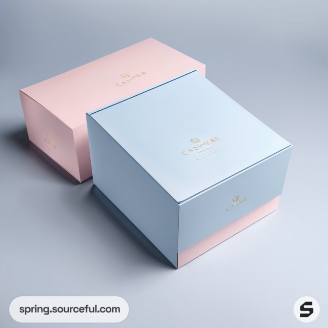 Pastel blue and pink nested gift boxes with gold lettering on a gray surface.