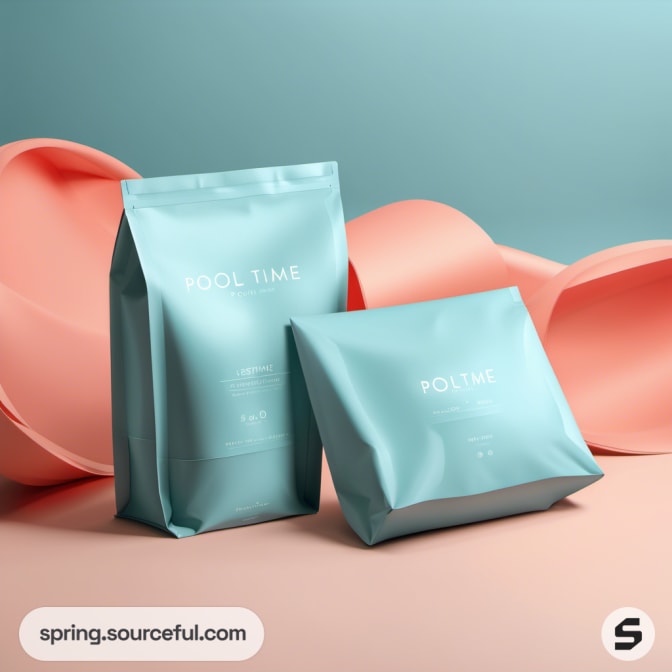 Aqua and salmon pouches with 'Pool Time' text.