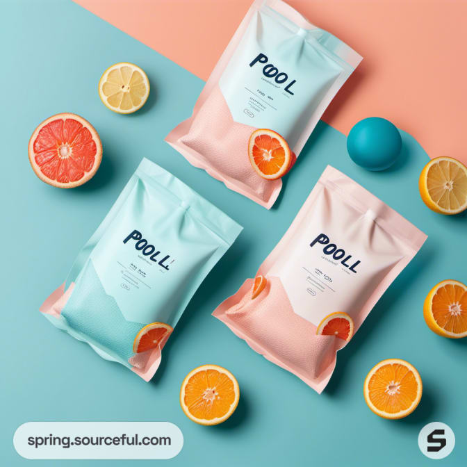 Peach and blue pouches with grapefruit slice graphics.