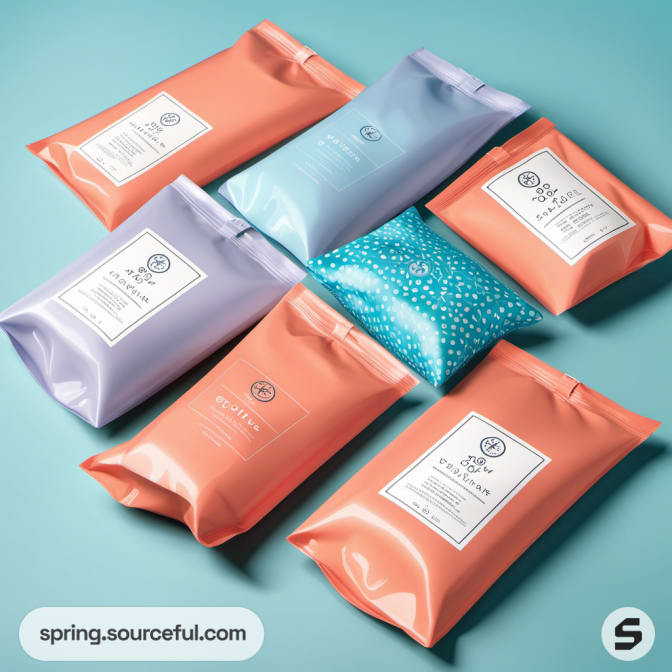 Variety of pastel pouches in blue and orange hues.