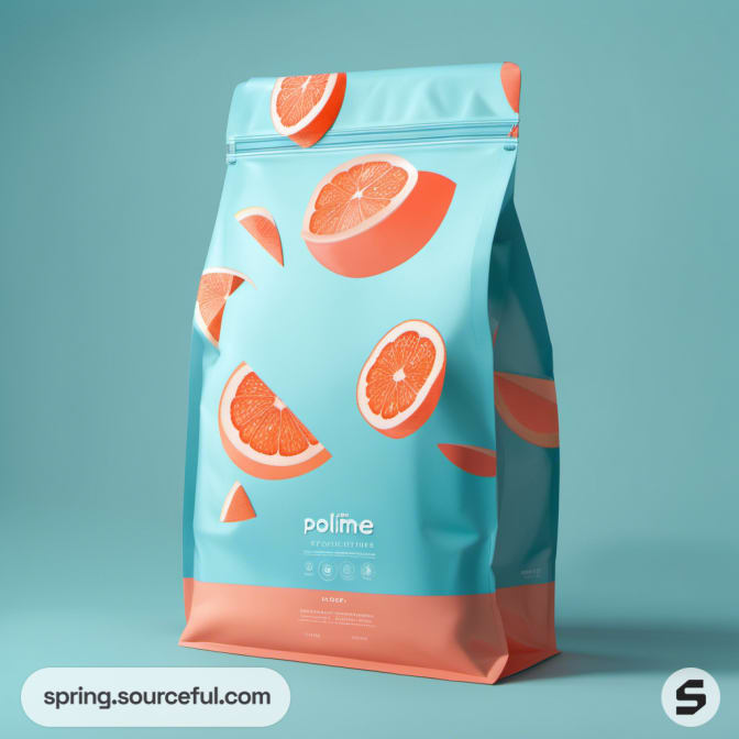 Tall blue pouch with grapefruit prints on two-tone background.