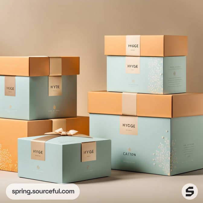 Stacked pastel blue and peach gift boxes with elegant floral patterns.