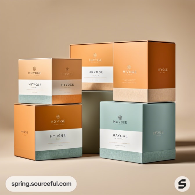 Assorted blue and peach boxes with minimalist design stacked together.