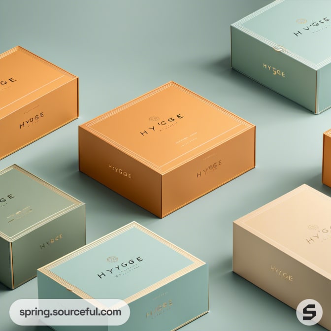 Top view of neatly arranged pastel blue and peach boxes.
