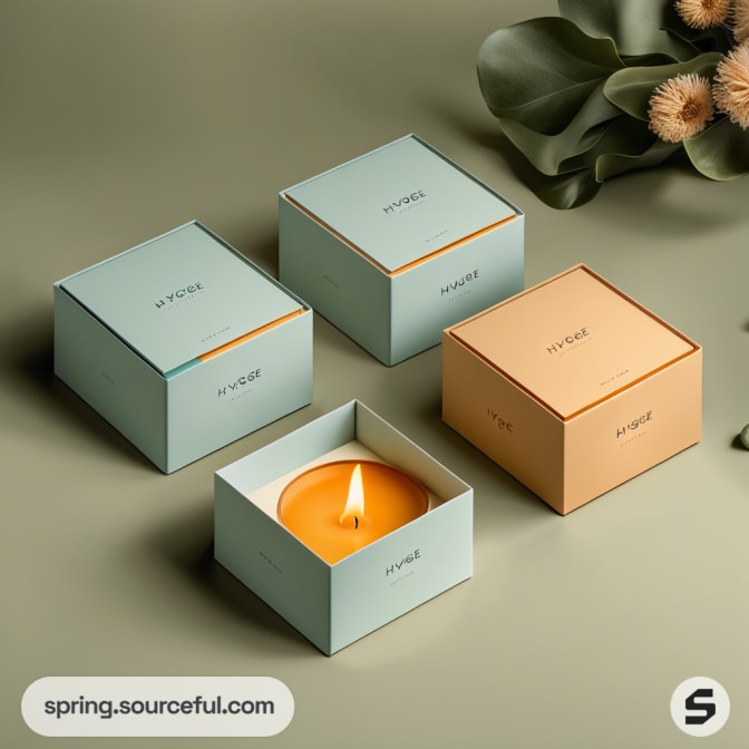 Open square boxes reveal candles inside, surrounded by foliage.