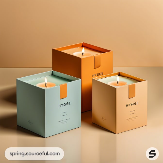 Three large candles in blue and peach boxes on a table.