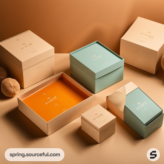Various sizes of pastel blue and peach boxes with lids removed.