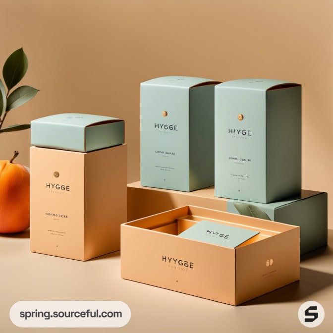 Tall blue and peach boxes with plants and fruits in the background.