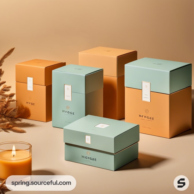 Group of blue and peach boxes with lid variations, accompanied by a candle.