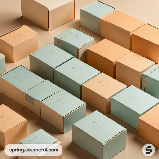 Overhead view of a collection of neatly aligned blue and peach boxes.