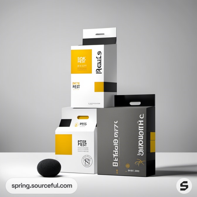 Modern packaging designs with vertical layout and yellow accents.