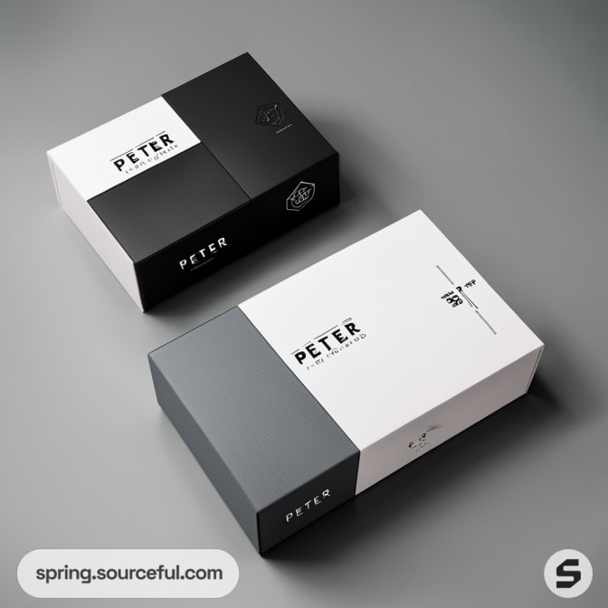 Minimalist black and white packaging design with geometric patterns.