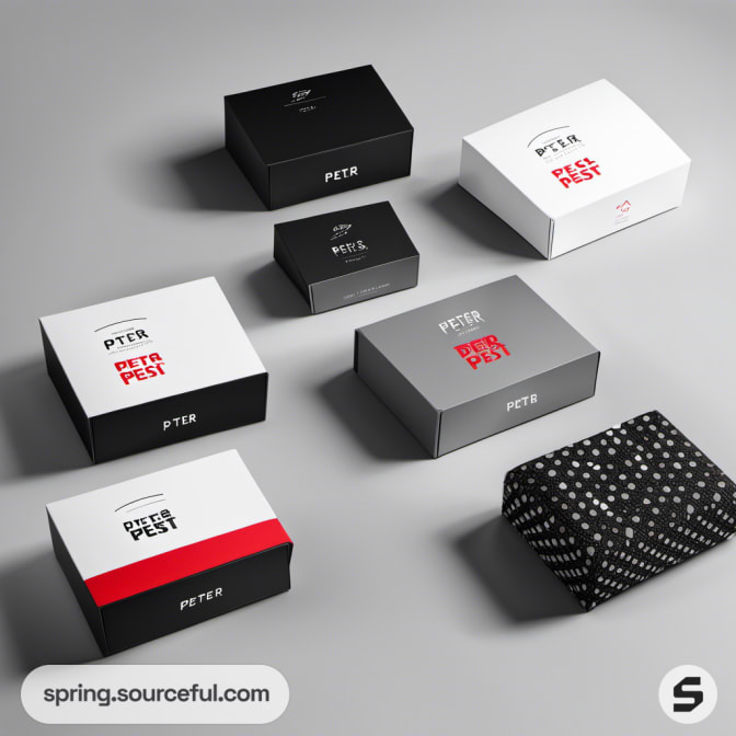 Assortment of monochrome and colored packaging boxes assorted by size.