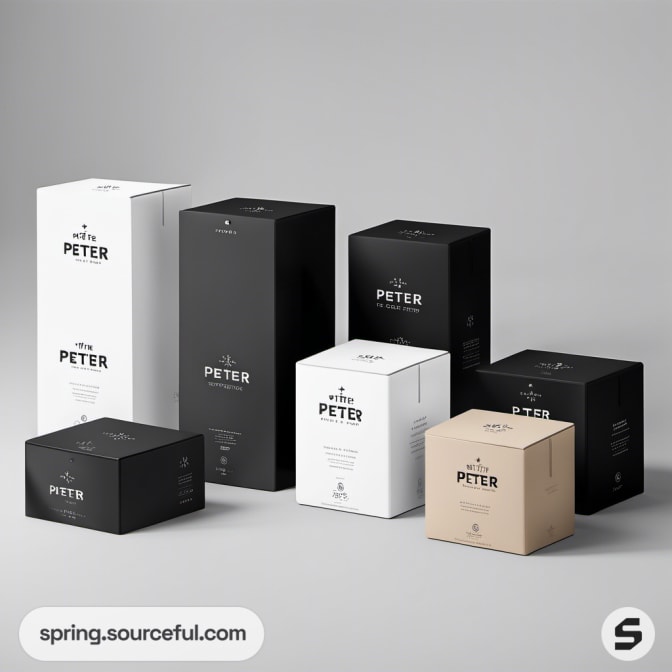 Neutral-toned packaging boxes with minimalist text layouts.