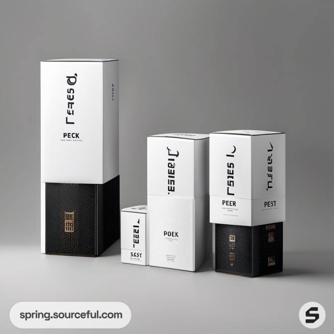 Tall stacked packaging boxes in white and gold with vertical text.