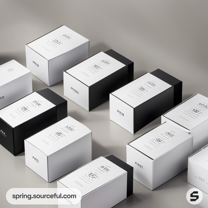 Rows of sleek black and white packaging boxes with simple branding.