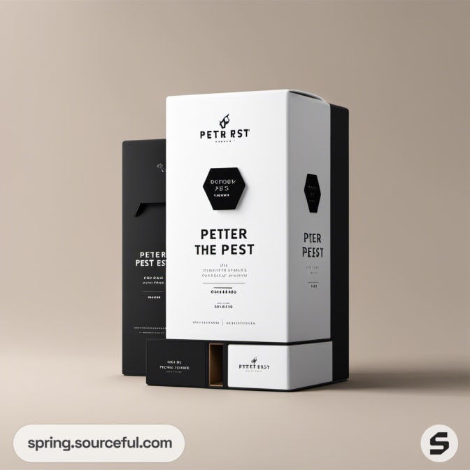 Tall black and white packaging boxes with elegant text detailing.