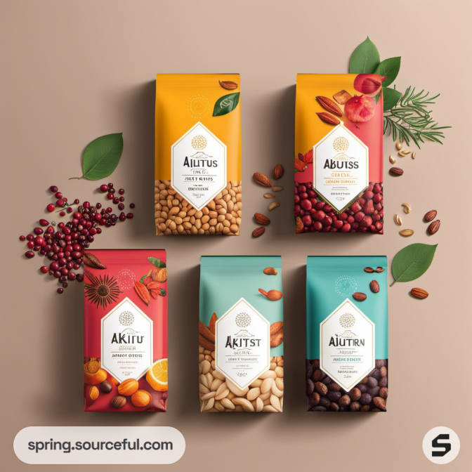 Five snack packages with vibrant colors and imagery of fruits and nuts.