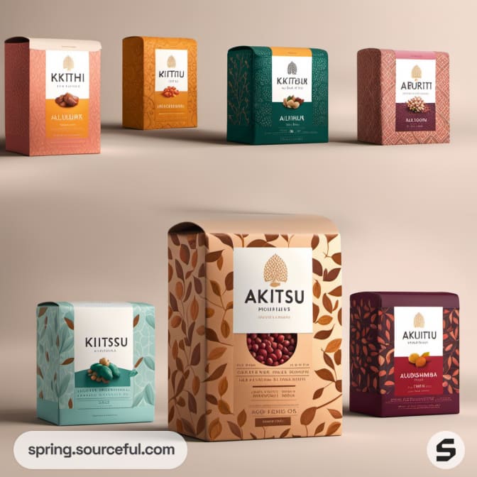 Assorted colorful boxed snacks with leaf patterns and wrapped design.