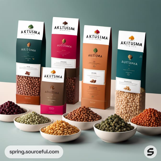 Colorful snack packages with clear displays of contents and spices.