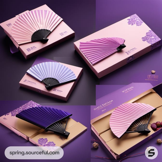 Pink and purple fans with floral designs on decorative boxes.