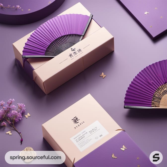 Purple and pink paper fans with butterfly motifs on boxes.