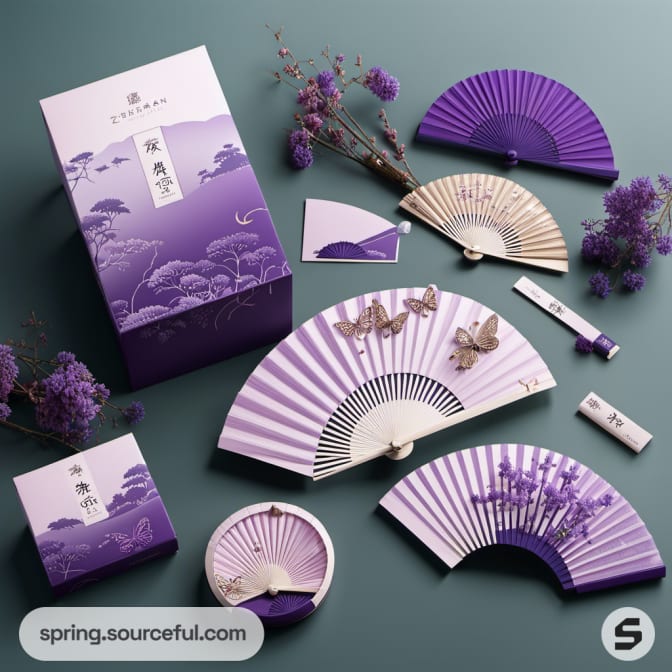 Various purple and white decorative fans with floral boxes.