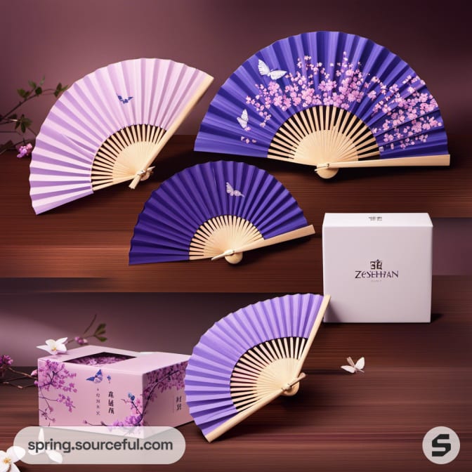 Fans with floral and butterfly designs on purple boxes.