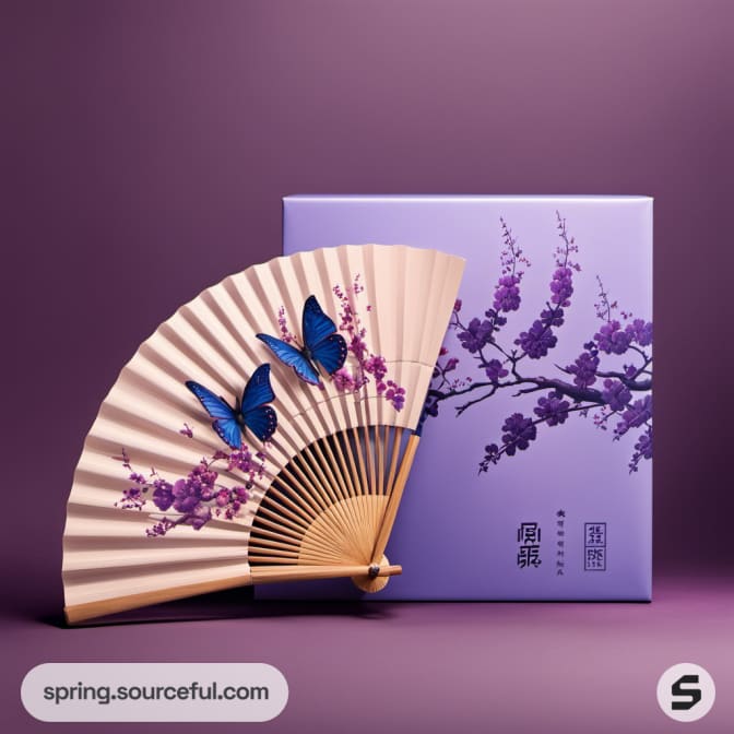 Purple floral fan with butterfly on a purple gift box.