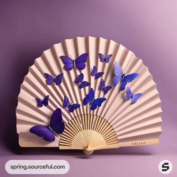 Fan with purple butterflies on a light pink background.